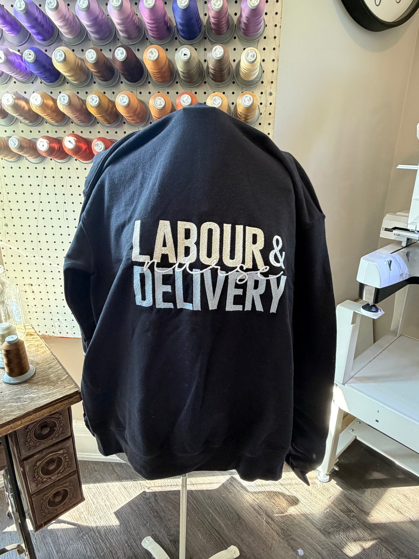 Medium Black L&D Nurse Zip-Up Hoodie (pale pink/blue)