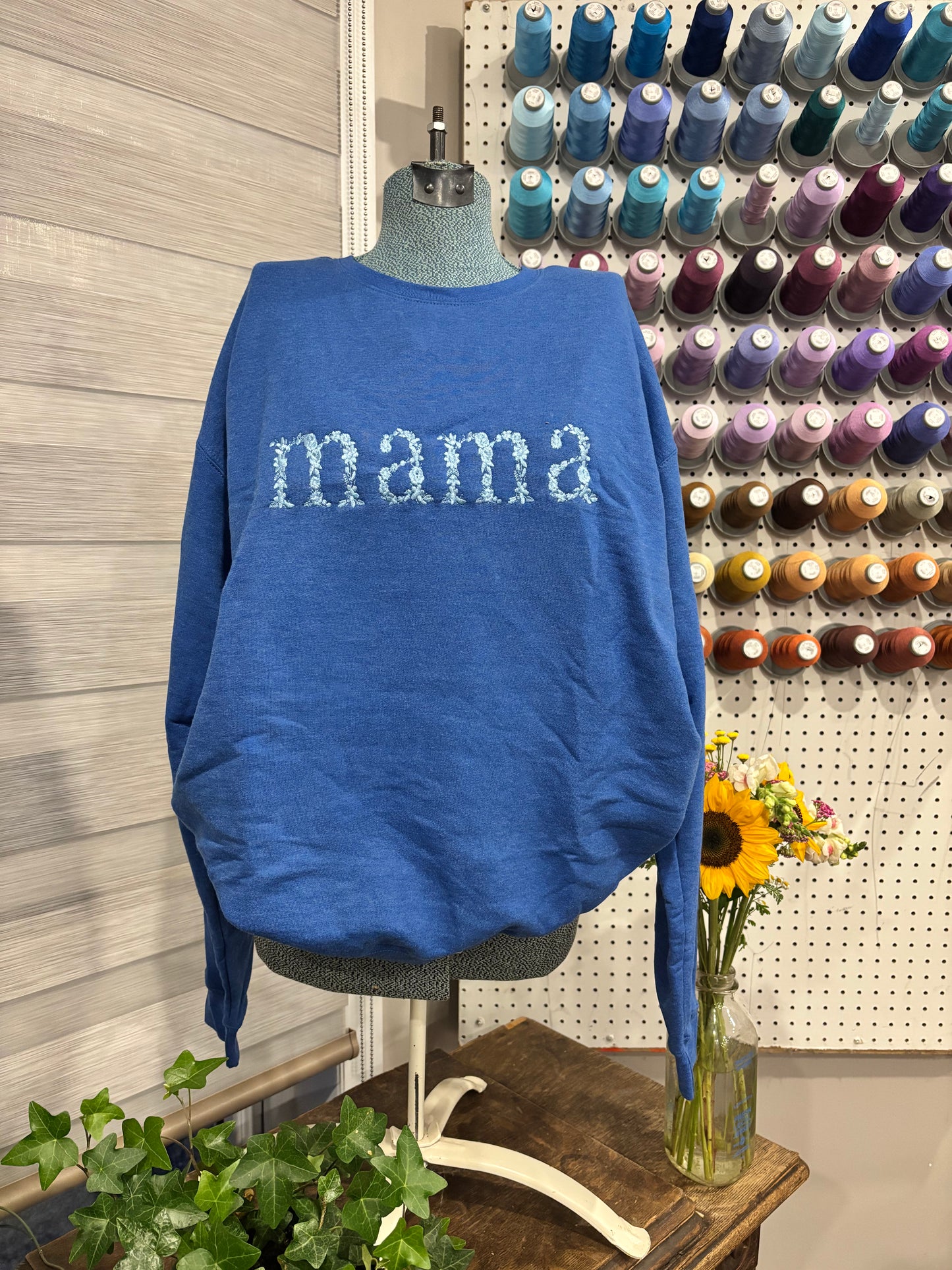 Medium Heather Blue Mama Floral Crew