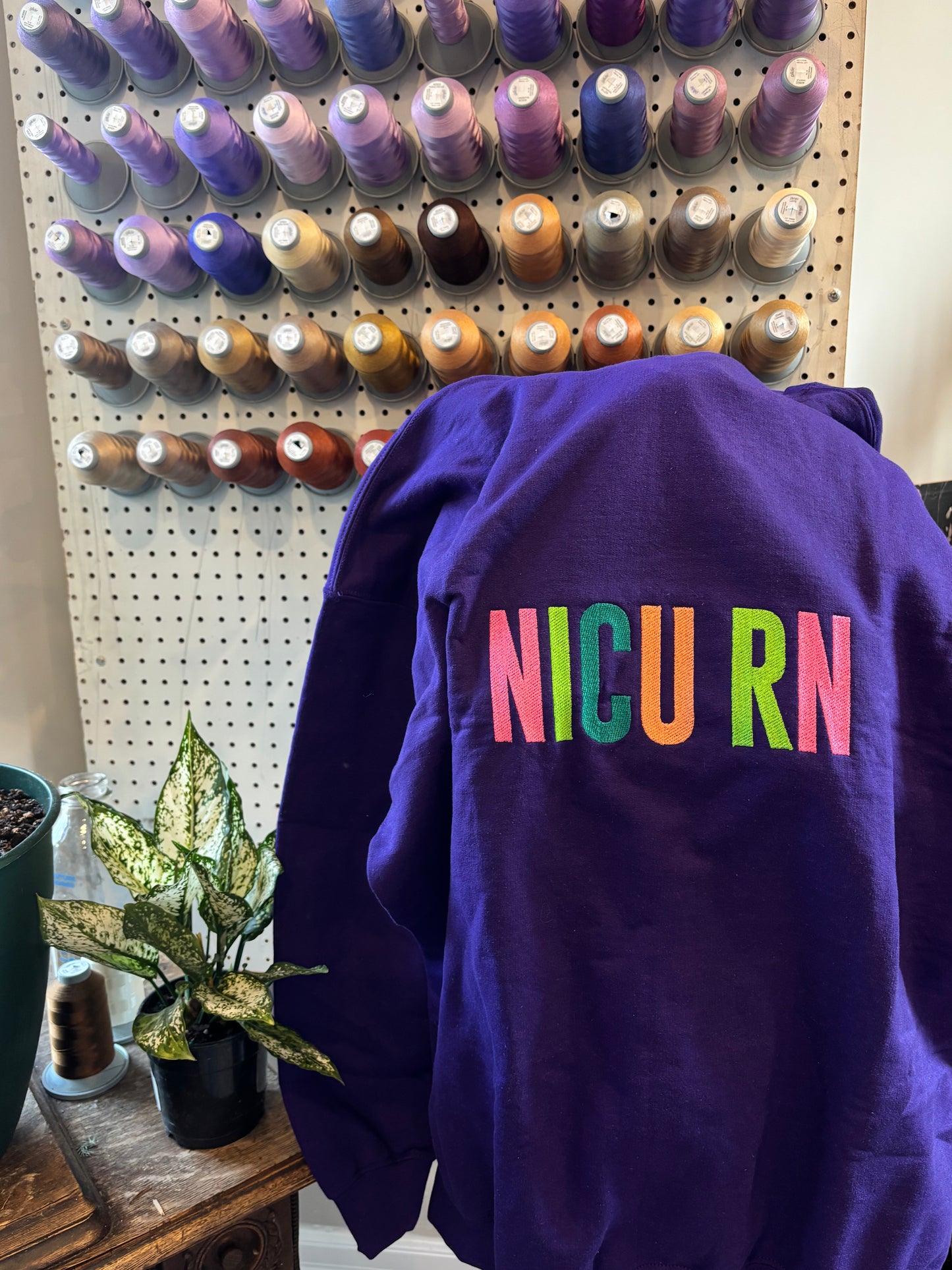 XL purple NICU RN zip-up hoodie