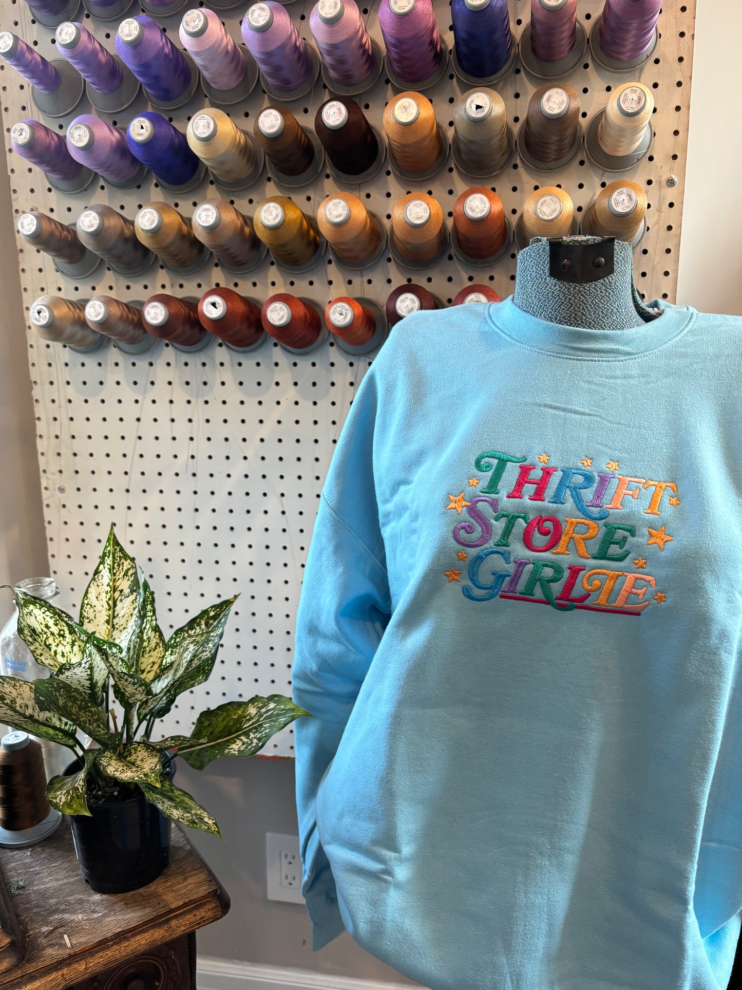 large blue thrift store girlie crew