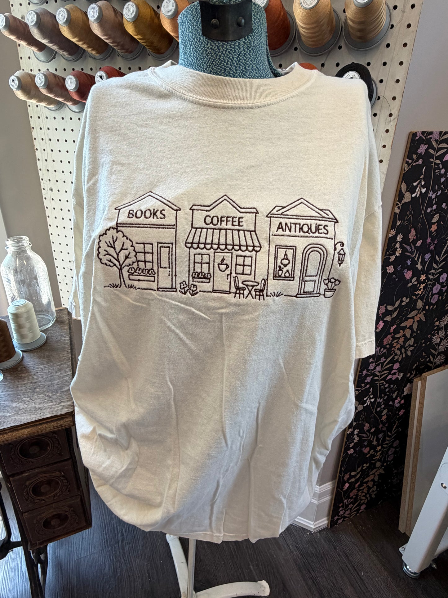XL Ivory Books, Coffee & Antiques Tee
