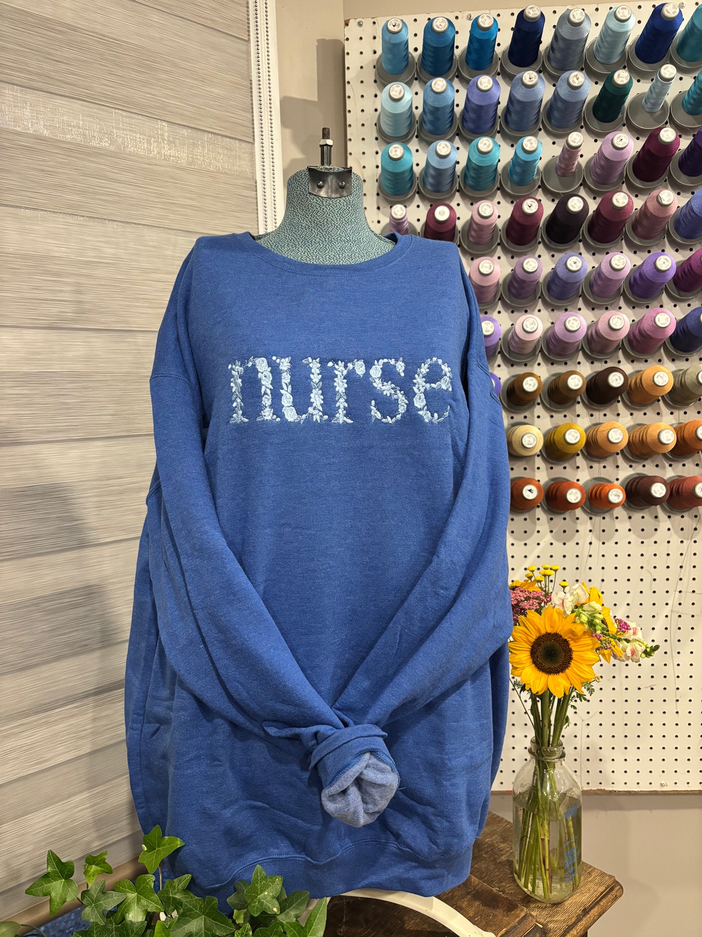 2XL Blue Floral Nurse Crewneck