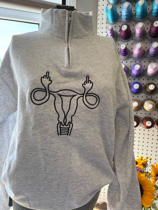 Small Ash Grey 1/4 Zip Middle Finger Uterus
