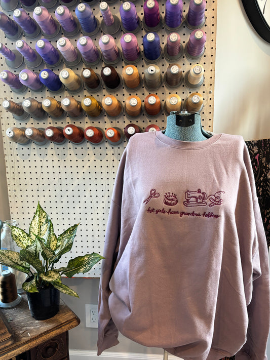 XL mauve grandma hobbies crew